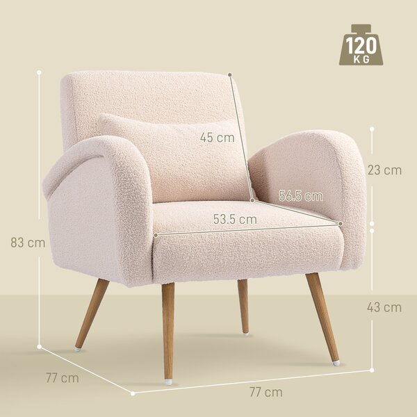 HOMCOM Fotoliu pentru Sufragerie Captusit, Fotoliu de Cameră în Material Teddy cu Pernă Lombardă, Fotoliu de Lectură cu Picioare cu Efect de Lemn din Metal pentru Sufragerie și Birou, 77x77x83 cm, Bej | Aosom Romania