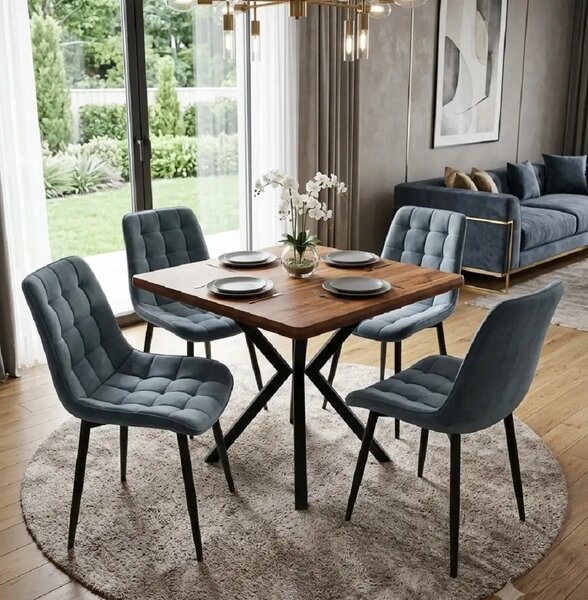 Set masa 80 cm blat MDF si 4 scaune Dnv Homs catifea gri, picioare metalice negre