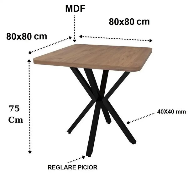 Set masa 80 cm blat MDF si 4 scaune Dnv Homs catifea gri, picioare metalice negre