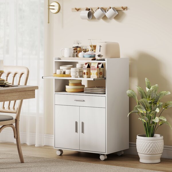 HOMCOM Dulap pentru Cuptorul cu Microunde cu Roți, Bufet de Bucătărie cu Sertar, Blat pentru Electrocasnice, Dulap cu 2 Uși, Raft Glisant și Raft Deschis, Cărucior de Bucătărie pentru Sufragerie, 59x40x92cm, Alb | Aosom Romania