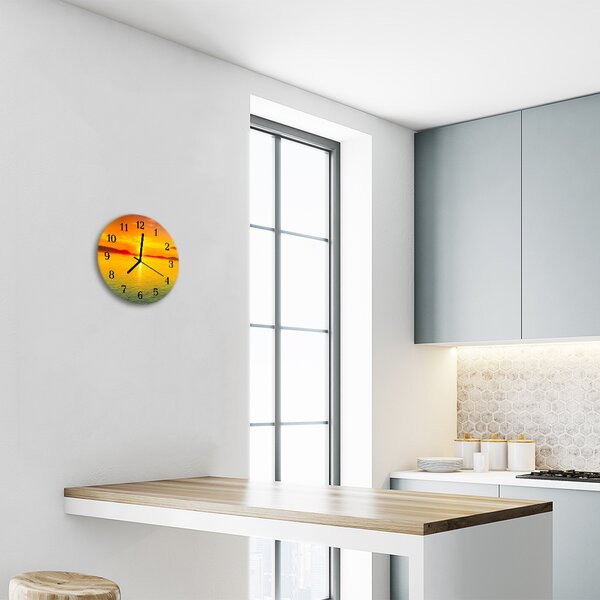 Ceas de perete din sticla rotund Sunset Natura Orange