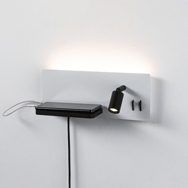 Paulmann Aplică de perete LED Serra, stânga, USB-C, alb/negru, reglabil, Negru, dormitor, Alamă, Modern, Lumină de lectură