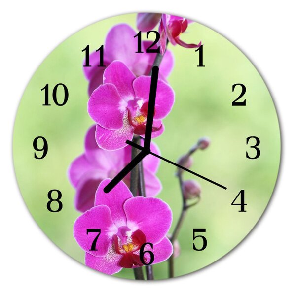 Ceas de perete din sticla rotund Orhideea flori violet