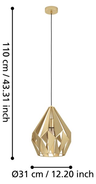 EGLO Carlton lampă suspendată, o sursă, aurie, Ø 31 cm, reglabil, Auriu / Alamă, Camera de zi / sufragerie, Metal, Modern