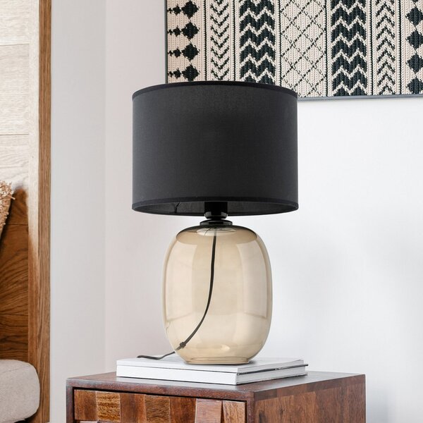 TK Lighting Lampă de masă Melody, înălțime 48 cm, sticlă maro, textil negru, Negru, Camera de zi / sufragerie, Sticlă