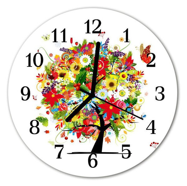 Ceas de perete din sticla rotund Flori copac Flori copac multicolor