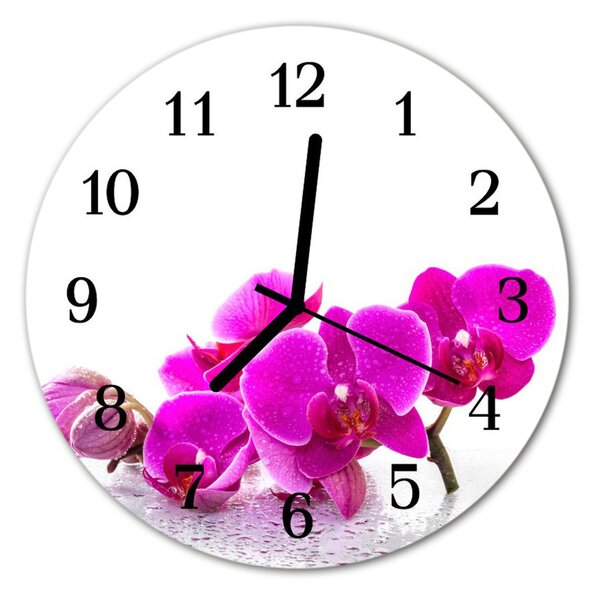 Ceas de perete din sticla rotund Orhideea flori roz