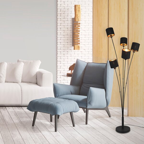 Reality Leuchten Lampă de podea Tommy, negru/auriu, înălțime 163 cm, cu 5 lumini din, Negru, Camera de zi / sufragerie, Metal, Modern