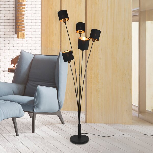 Reality Leuchten Lampă de podea Tommy, negru/auriu, înălțime 163 cm, cu 5 lumini din, Negru, Camera de zi / sufragerie, Metal, Modern