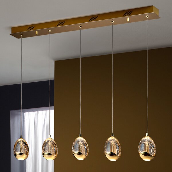 Schuller Valencia Suspensie LED cu bară Rocio, 5 lumini, metal, sticlă, auriu, reglabil, Auriu / Alamă, Camera de zi / sufragerie, Sticlă