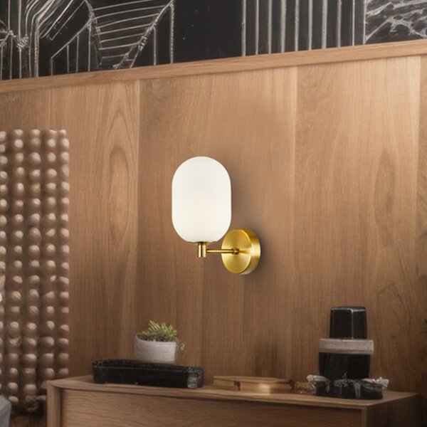 Eko-Light Aplică de perete Alias, metal auriu, sticlă opală, cu 1 bec, reglabil, Auriu / Alamă, Camera de zi / sufragerie, Sticlă, Modern, Perete rotund