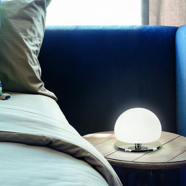 Fabas Luce Lampă de masă Morgana, cromată / albă, variator tactil, 3.000 K, reglabil, Alb, dormitor, Sticlă, Modern