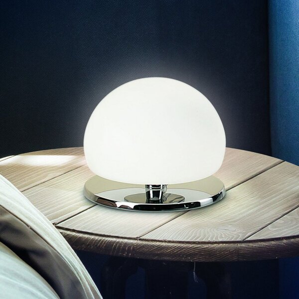 Fabas Luce Lampă de masă Morgana, cromată / albă, variator tactil, 3.000 K, reglabil, Alb, dormitor, Sticlă, Modern