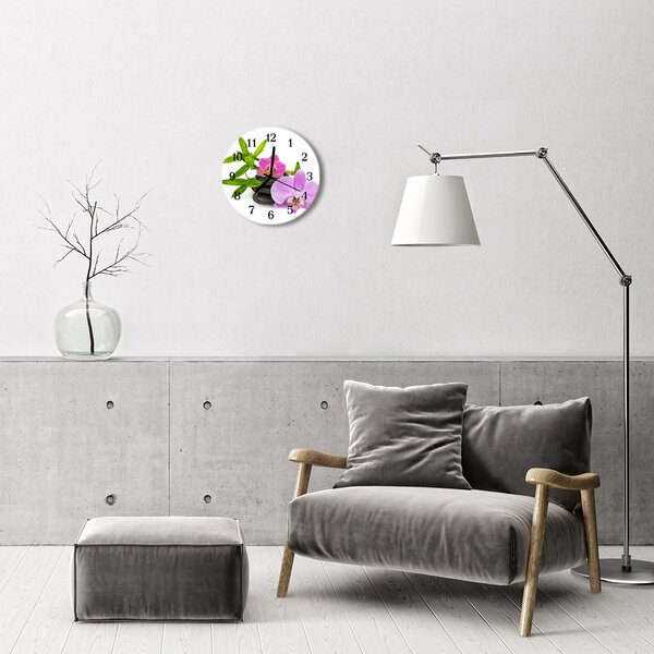 Ceas de perete din sticla rotund Orhideea flori violet