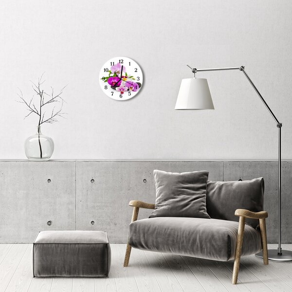 Ceas de perete din sticla rotund Orhideea flori violet