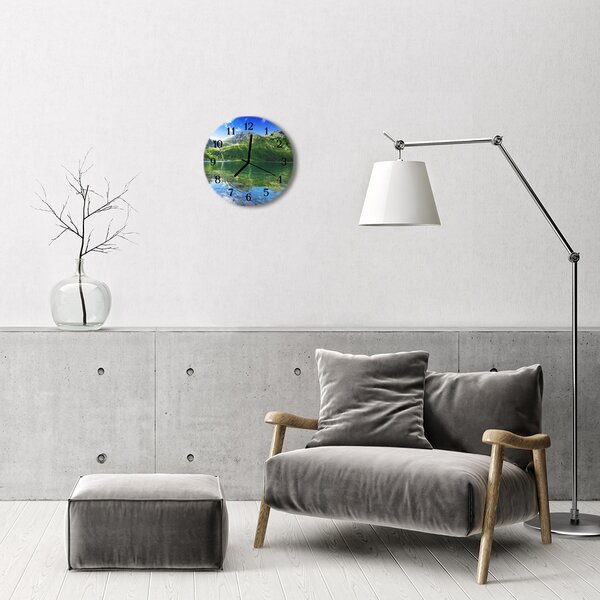 Ceas de perete din sticla rotund Mountain Lake Peisaj Green Lake