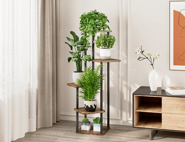 KONDELA Suport de flori din metal, negru/lemn rustic, ADITE