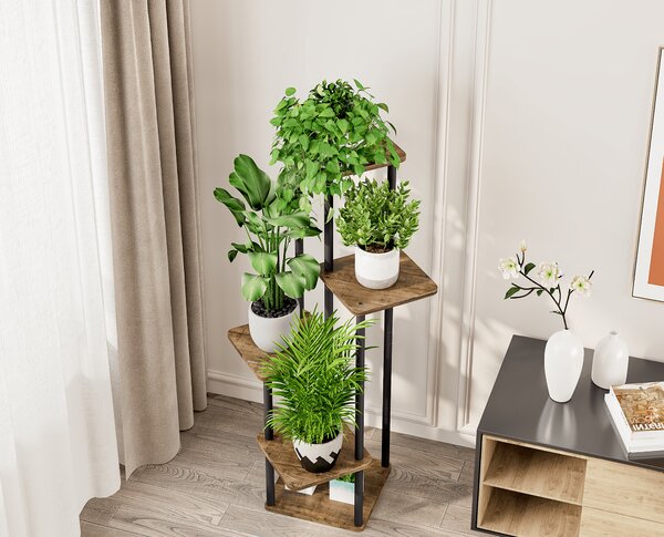 KONDELA Suport de flori din metal, negru/lemn rustic, ADITE