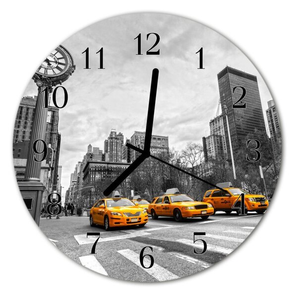 Ceas de perete din sticla rotund Taxi Vehicule galben