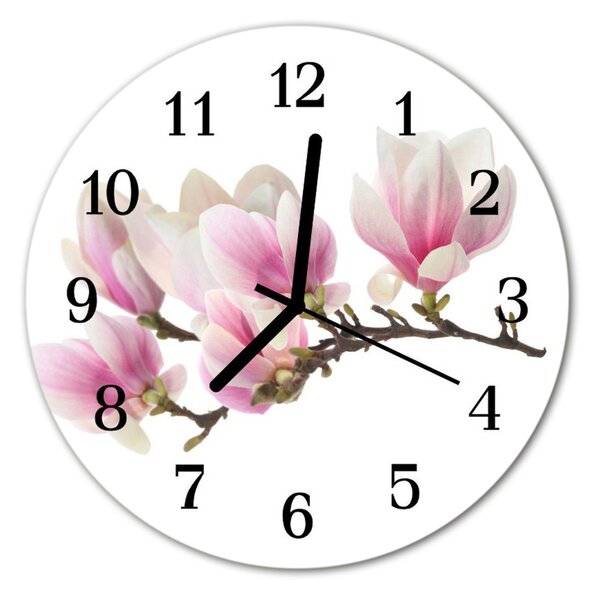 Ceas de perete din sticla rotund Magnolia Plante roz