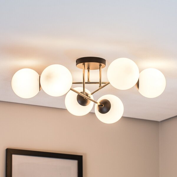 EMIBIG LIGHTING Plafonieră Magnum, 6 becuri, alb opal/auriu/negru, sticlă, reglabil, Alb, Camera de zi / sufragerie, Sticlă, Modern