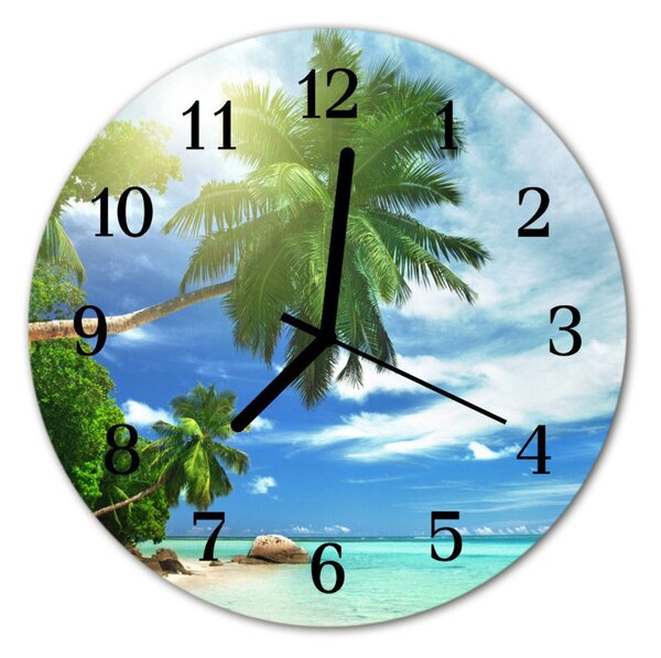 Ceas de perete din sticla rotund Palm Copaci Island Plante Peisaj multi-colorat