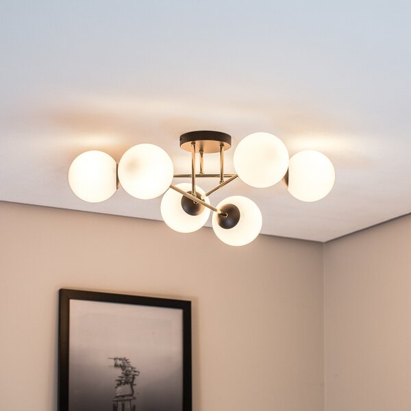 EMIBIG LIGHTING Plafonieră Magnum, 6 becuri, alb opal/auriu/negru, sticlă, reglabil, Alb, Camera de zi / sufragerie, Sticlă, Modern