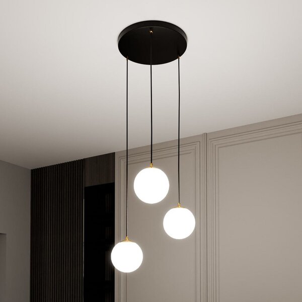 EMIBIG LIGHTING Lampă suspendată Royal, 3 becuri, alb opal/negru, sticlă, E14, reglabil, Negru, Camera de zi / sufragerie, Sticlă, Modern