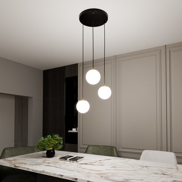 EMIBIG LIGHTING Lampă suspendată Royal, 3 becuri, alb opal/negru, sticlă, E14, reglabil, Negru, Camera de zi / sufragerie, Sticlă, Modern
