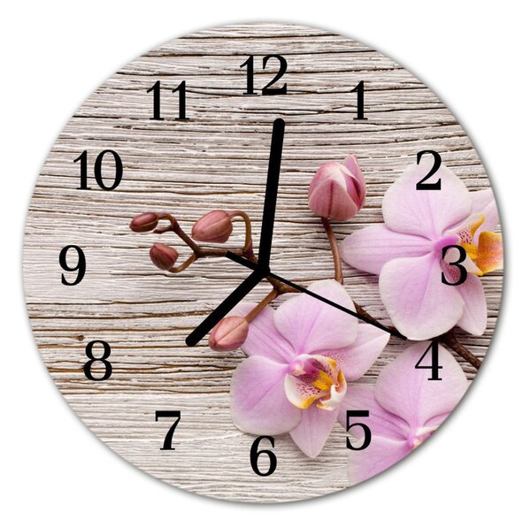 Ceas de perete din sticla rotund Orhideea flori violet