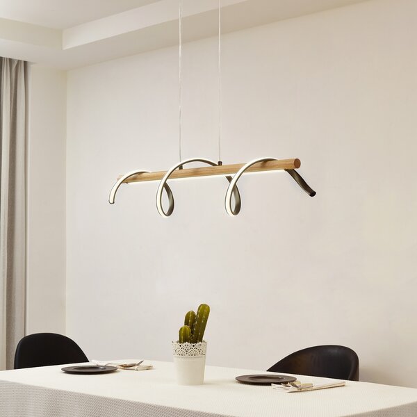 Lindby Lampă suspendată LED Spiraali, negru, lemn, lungime 95 cm, Negru, Camera de zi / sufragerie, Aluminiu, Casă de țară / Rustic