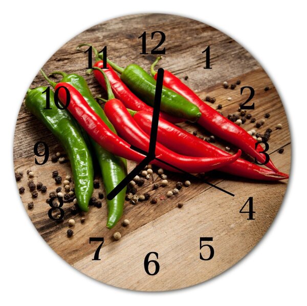 Ceas de perete din sticla rotund Chillies Legume Roșu