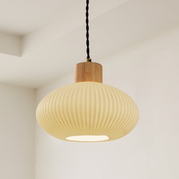 Lindby Lampă suspendată Paulie, Ø 23 cm, ceramică, lemn, alb, reglabil, Alb, Camera de zi / sufragerie, Ceramică, Modern