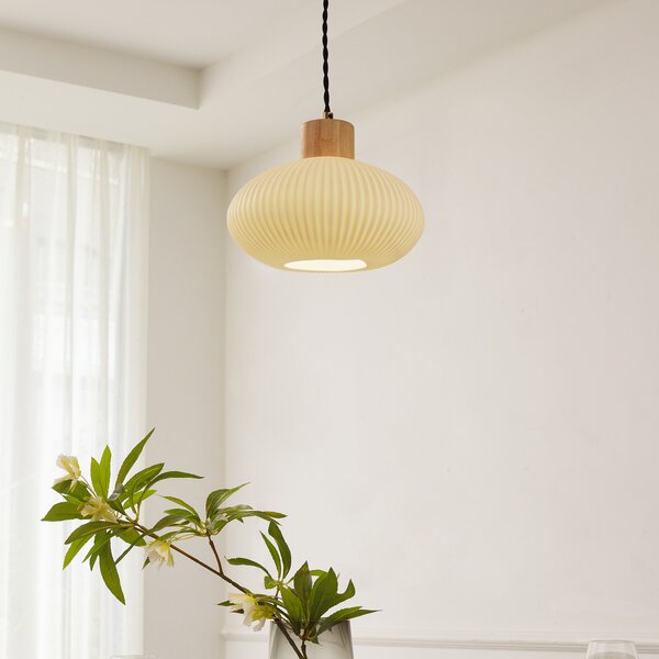 Lindby Lampă suspendată Paulie, Ø 23 cm, ceramică, lemn, alb, reglabil, Alb, Camera de zi / sufragerie, Ceramică, Modern