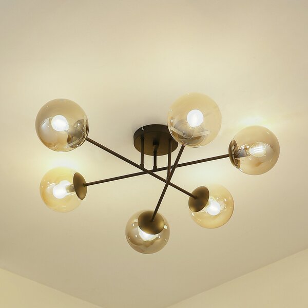Lindby plafonieră Isamer, gri fum/ambră, Ø 80 cm, glob, reglabil, Negru, Camera de zi / sufragerie, Sticlă, Modern