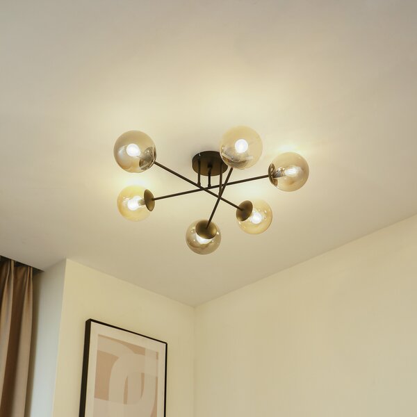 Lindby plafonieră Isamer, gri fum/ambră, Ø 80 cm, glob, reglabil, Negru, Camera de zi / sufragerie, Sticlă, Modern