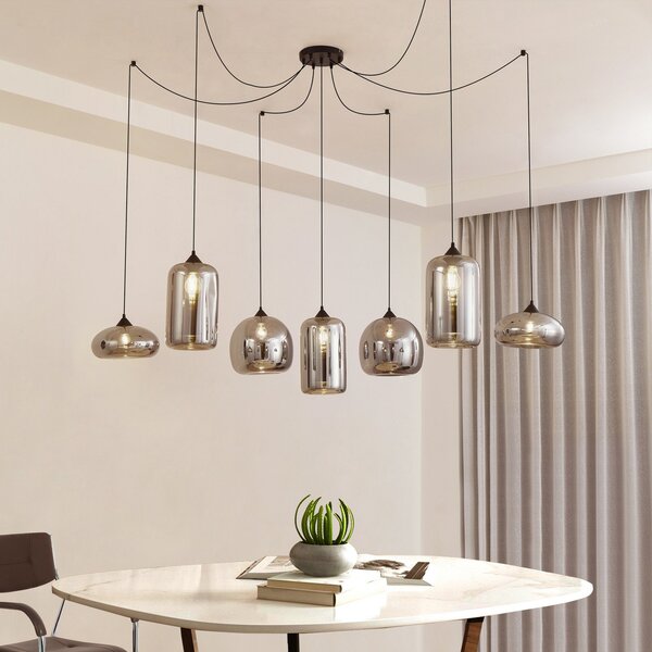 Lindby Lampă suspendată Marla, 7 becuri, sticlă, gri fumuriu, 128cm, reglabil, Negru, Camera de zi / sufragerie, Sticlă, Modern
