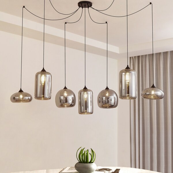 Lindby Lampă suspendată Marla, 7 becuri, sticlă, gri fumuriu, 128cm, reglabil, Negru, Camera de zi / sufragerie, Sticlă, Modern
