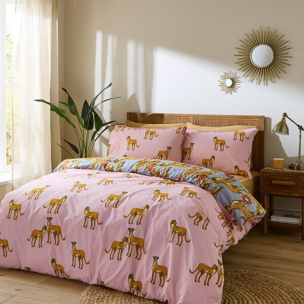 Lenjerie de pat roz-gri din bumbac pentru pat dublu, extinsă 230x220 cm Untamed Cheetah – Their Nibs