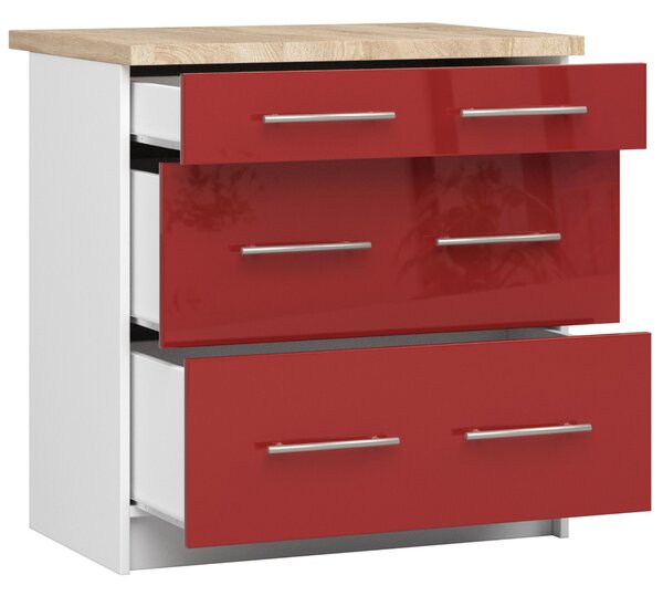 Dulap inferior de bucătărie Ozara S80 3SZ (alb + roșu lucios). Promo -18%. 1071130