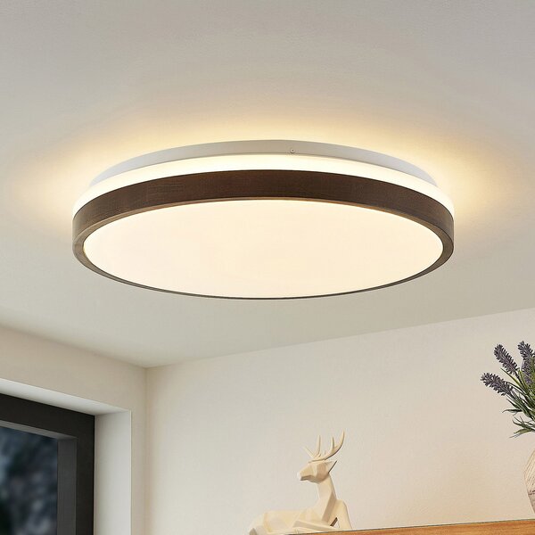 Lindby plafonieră LED Hudsona, Ø 49 cm, lemn, maro, reglabil, Lemn, Camera de zi / sufragerie, Lemn, Modern