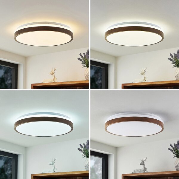 Lindby plafonieră LED Hudsona, Ø 49 cm, lemn, maro, reglabil, Lemn, Camera de zi / sufragerie, Lemn, Modern
