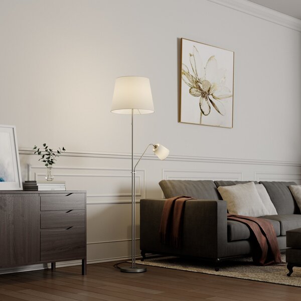 Lindby lampadar Nantwin, 175 cm, alb, nichel, textil, Alb, Camera de zi / sufragerie, Țesătură / Textil, Modern, Lumină de lectură