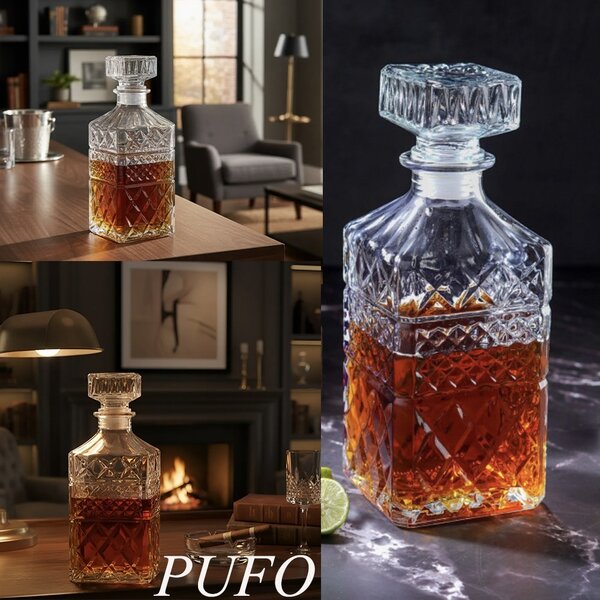 Sticla eleganta Pufo Brilliant pentru bautura, lichior sau whisky, 800 ml, transparenta– rafinata si rezistenta