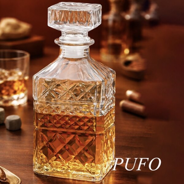 Sticla eleganta Pufo Brilliant pentru bautura, lichior sau whisky, 800 ml, transparenta– rafinata si rezistenta