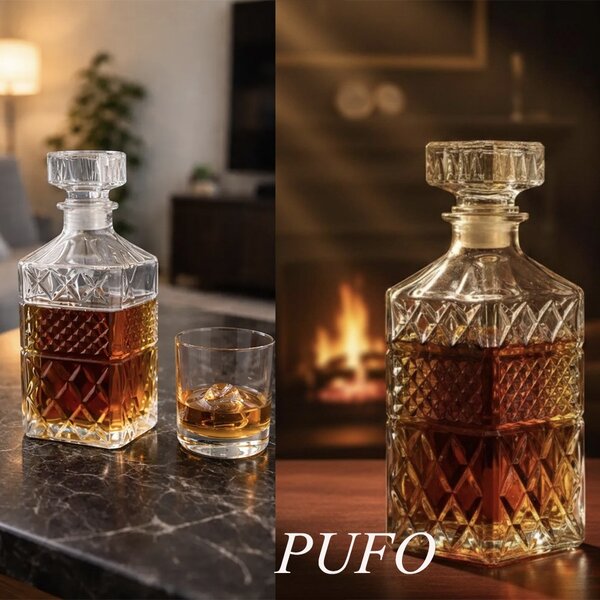 Sticla eleganta Pufo Brilliant pentru bautura, lichior sau whisky, 800 ml, transparenta– rafinata si rezistenta