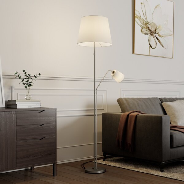 Lindby lampadar Nantwin, 175 cm, alb, nichel, textil, Alb, Camera de zi / sufragerie, Țesătură / Textil, Modern, Lumină de lectură