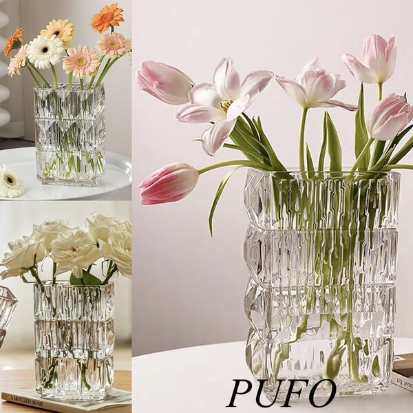 Vaza Decorativa Eleganta Pufo Lines din Sticla Groasa pentru Flori si Aranjamente, 20 cm- Design Modern pentru Living si Decor Interior