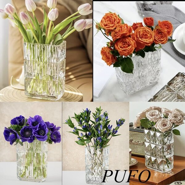 Vaza Decorativa Eleganta Pufo Lines din Sticla Groasa pentru Flori si Aranjamente, 20 cm- Design Modern pentru Living si Decor Interior