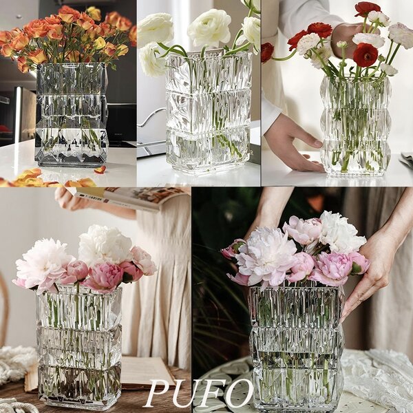 Vaza Decorativa Eleganta Pufo Lines din Sticla Groasa pentru Flori si Aranjamente, 20 cm- Design Modern pentru Living si Decor Interior